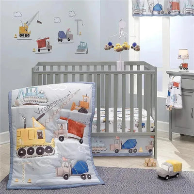 Three-piece crib bedding set featuring construction-themed designs, including trucks and machinery, suitable for nursery decor.