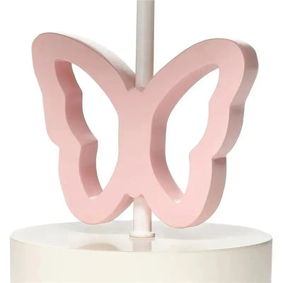 Pink butterfly nursery lamp with a floral shade and bulb, designed for a baby’s room.