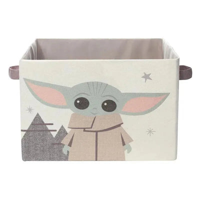 Canvas storage bin featuring Baby Yoda with large ears, wearing a brown robe, set against a starry background.