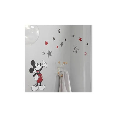 Mickey Mouse wall decals feature Mickey with a cheerful expression and colorful stars in red, gray, and silver.