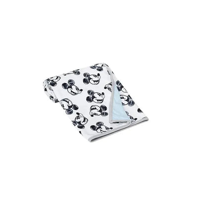 Black and white baby blanket featuring Mickey Mouse patterns, with a soft blue underside and grey trim.