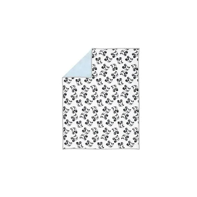 Black and white baby blanket featuring a repeating Mickey Mouse pattern and a soft blue reverse side.