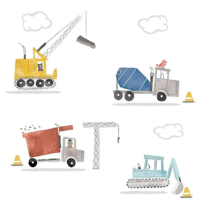 Colorful wall decals featuring construction vehicles, including a crane, cement truck, dump truck, and excavator.