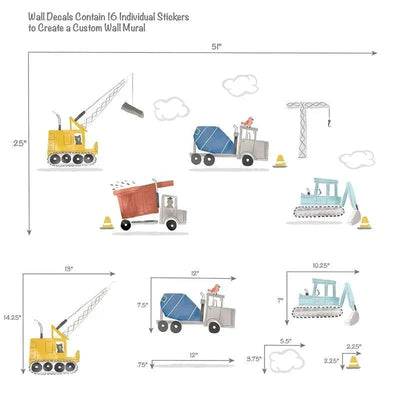 Construction Zone wall decals featuring 16 individual stickable vehicles like a crane, dump truck, and bulldozer.