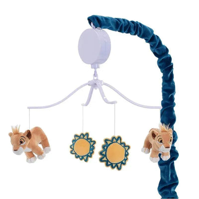Musical baby crib mobile featuring plush Simba characters and sun shapes, designed for Disney Baby Lion King theme.