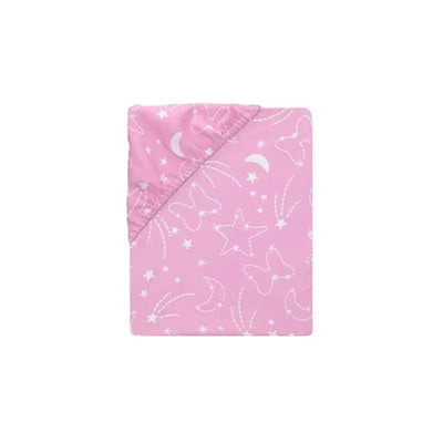 Disney Minnie Baby Star Sheet for Crib in pink, featuring stars, butterflies, and moons in a whimsical pattern.