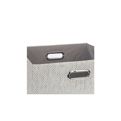 Foldable gray storage bin with two metal handles, featuring a textured exterior and a smooth interior.