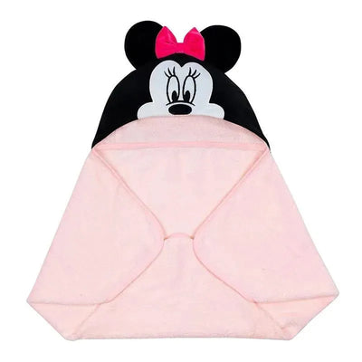 Hooded baby bath towel featuring Minnie Mouse, with a black head and pink bow, made of soft pink material.