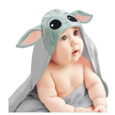 Hooded baby bath towel featuring The Child Yoda design, with gray fabric and large ears, draped around an adorable baby.