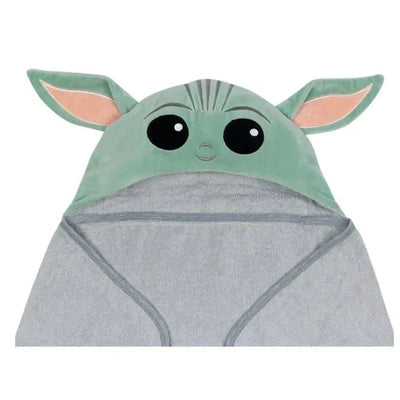 Hooded baby bath towel designed to resemble The Child Yoda, featuring large eyes and ear details in soft fabric.