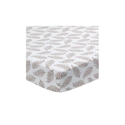 Crib fitted sheet featuring a white background with a leafy brown pattern, designed for baby bedding.