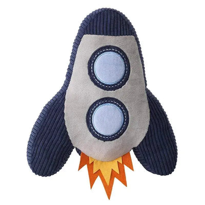 Plush throw pillow shaped like a blue and grey rocket ship, featuring circular windows and an orange flame base.