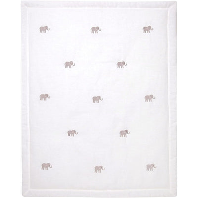 Lambs & Ivy baby crib quilt featuring a white linen background with embroidered elephants in soft gray and taupe.