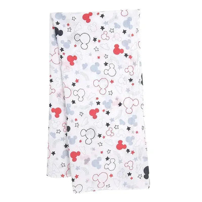 Mickey Mouse-themed swaddle blanket featuring colorful Mickey silhouettes, clouds, and stars on a white background.