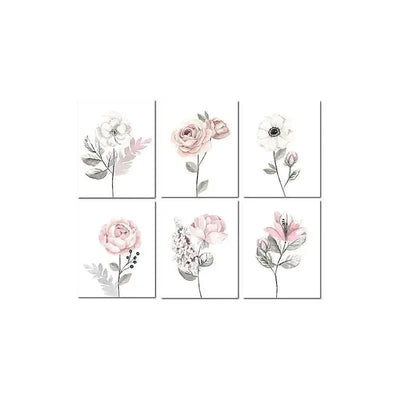 Watercolor floral wall art set featuring six individual flower designs in soft pinks and greys.