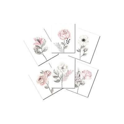 Watercolor floral wall art featuring six botanical prints with various soft-colored flowers and leaves.