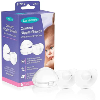Lansinoh 2Pk Nipple Shields for Breastfeeding (24 mm) in a protective case, featuring two silicone shields and packaging.