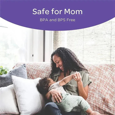 Lansinoh nipple shield packaging, featuring a mother comfortably breastfeeding her baby on a couch. Text highlights safety: BPA and BPS free.