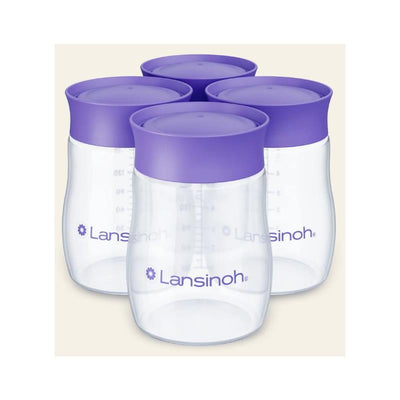 Four Lansinoh breastmilk storage bottles with purple lids, featuring measurement markings on clear containers.