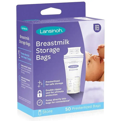 Lansinoh breastmilk storage bags, 50 pre-sterilized bags, featuring a double zipper seal and instructions for use.