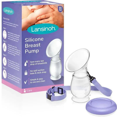 Silicone manual breast pump by Lansinoh, featured with a collection container, neck strap, and no-spill base.