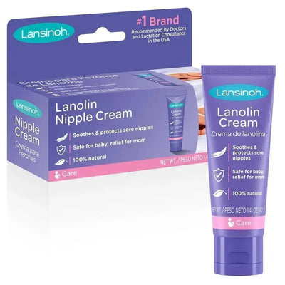 Lansinoh Lanolin Nipple Cream tube and box, featuring soothing claims for sore nipples, safe for baby, 100% natural.