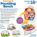 Barnyard Pounding Bench toy with a wooden hammer, colorful blocks for counting, and an activity guide for toddlers aged 18 months and up.