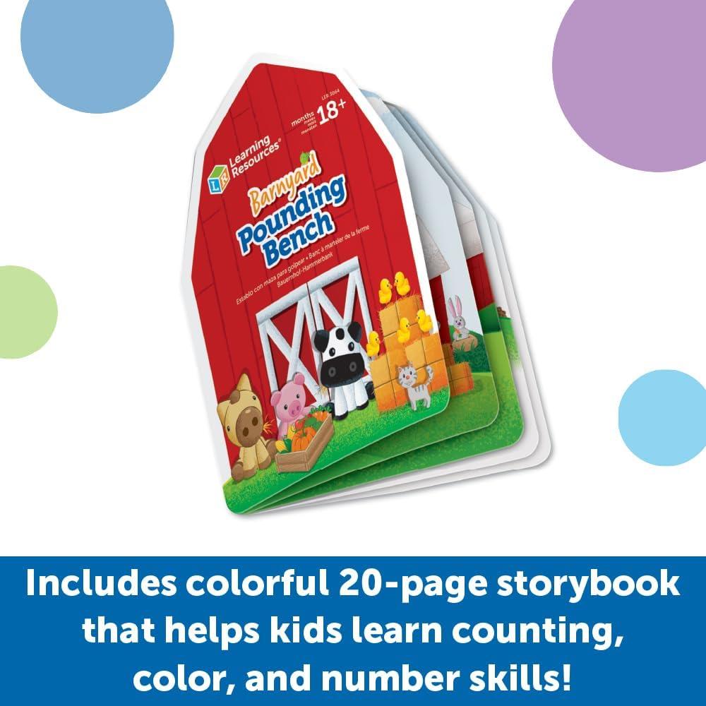 Learning Resources Barnyard Pounding Bench toy packaging featuring colorful graphics of animals and a 20-page storybook for learning skills.