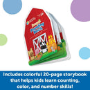 Learning Resources Barnyard Pounding Bench toy packaging featuring colorful graphics of animals and a 20-page storybook for learning skills.