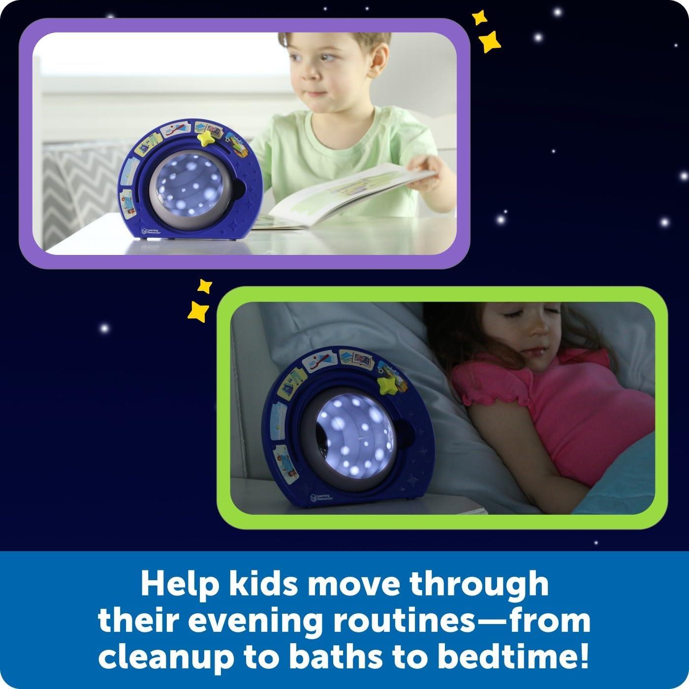 Learning Resources Bedtime Routines Visual Timer assists kids in evening routines, featuring a star and icon display for tasks.