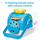 Calming Moments Projector in blue and white, featuring a yellow top, with adjustable volume and 8 relaxing sound options.