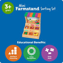 Mini Farmstand Sorting Set with colorful fruits and vegetables in bins, promoting sorting, color recognition, and early math skills.