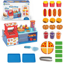 Mini Snack Shop Sorting Set featuring a small food playset with burgers, hot dogs, pretzels, and pizza. Includes trays and serving utensils.
