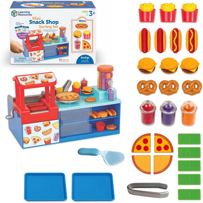Mini Snack Shop Sorting Set featuring a small food playset with burgers, hot dogs, pretzels, and pizza. Includes trays and serving utensils.