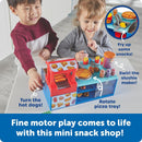 Children play with the Learning Resources Mini Snack Shop Sorting Set, featuring toy snacks, a slushie maker, and rotating pizza tray.