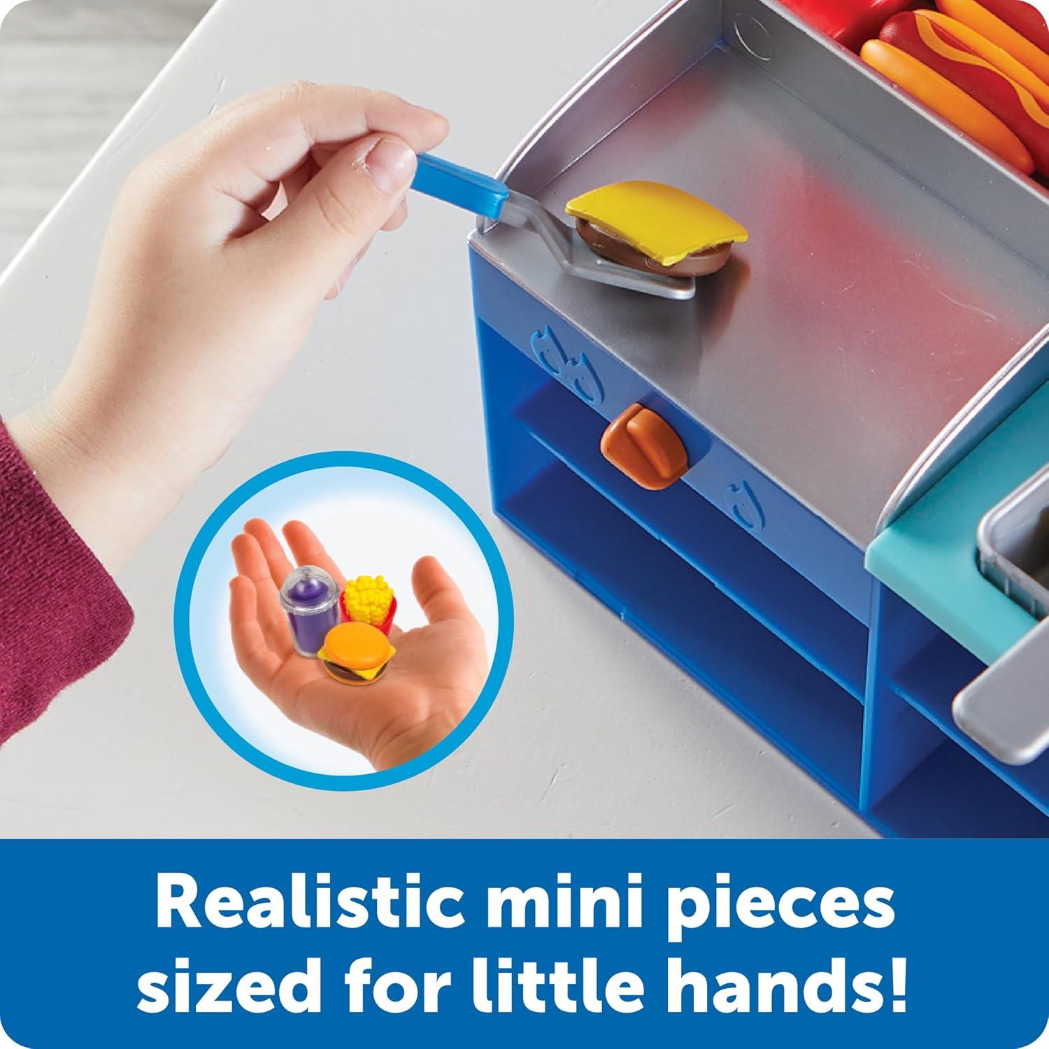Mini Snack Shop Sorting Set with realistic food pieces and tools for imaginative play, featuring a burger and hotdog.