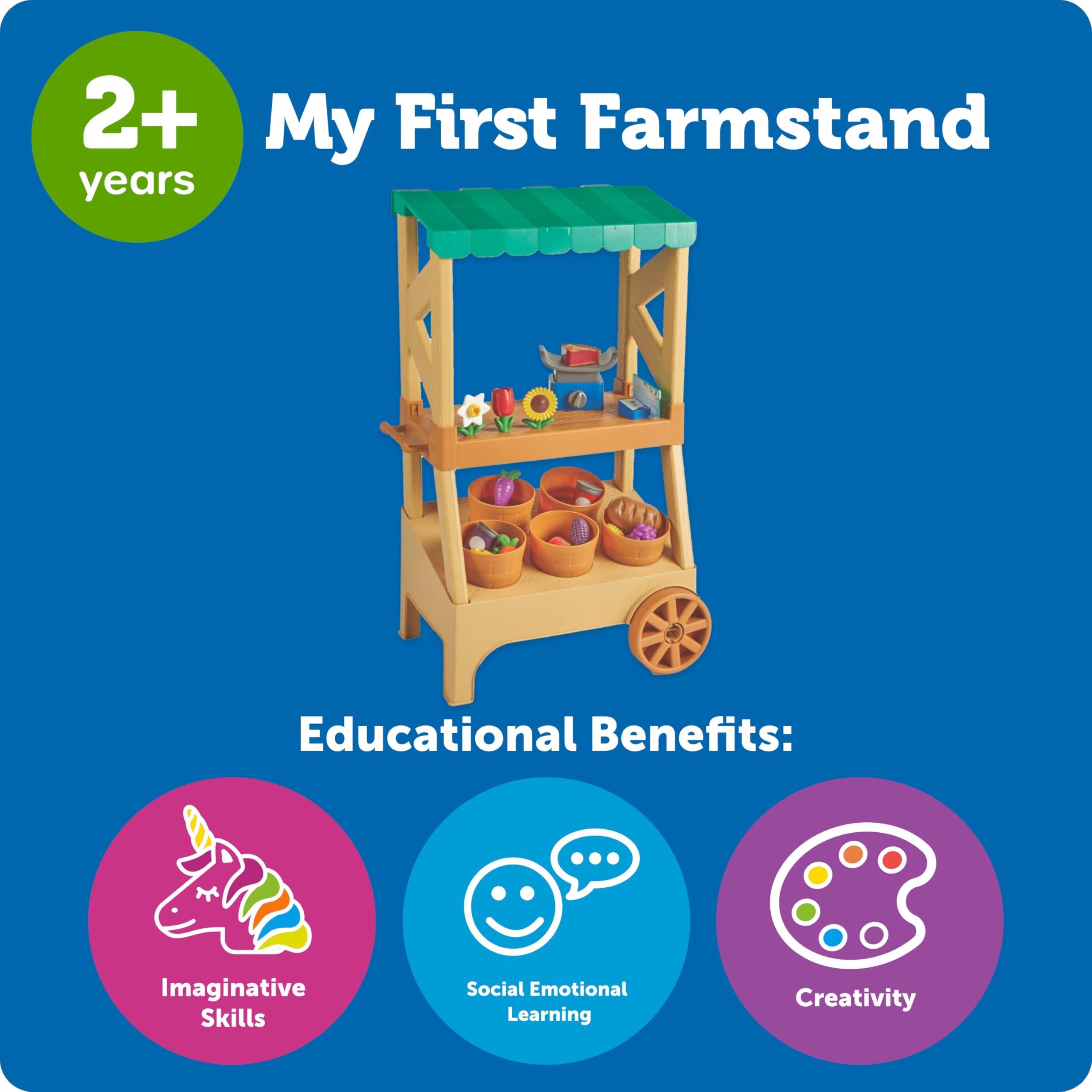 Wooden farmstand toy with colorful fruits and flowers in baskets, promoting imaginative skills and creativity for ages 2+.