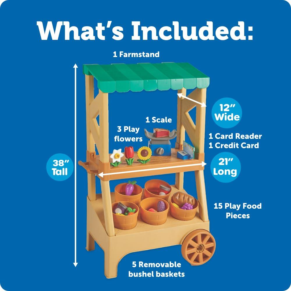 Learning Resources My First Farmstand with a green roof, includes a scale, removable bushel baskets, and play food pieces.