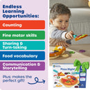 Child playing with Learning Resources New Sprouts Pizza Night, featuring colorful toy pizza toppings and a box with learning opportunities listed.