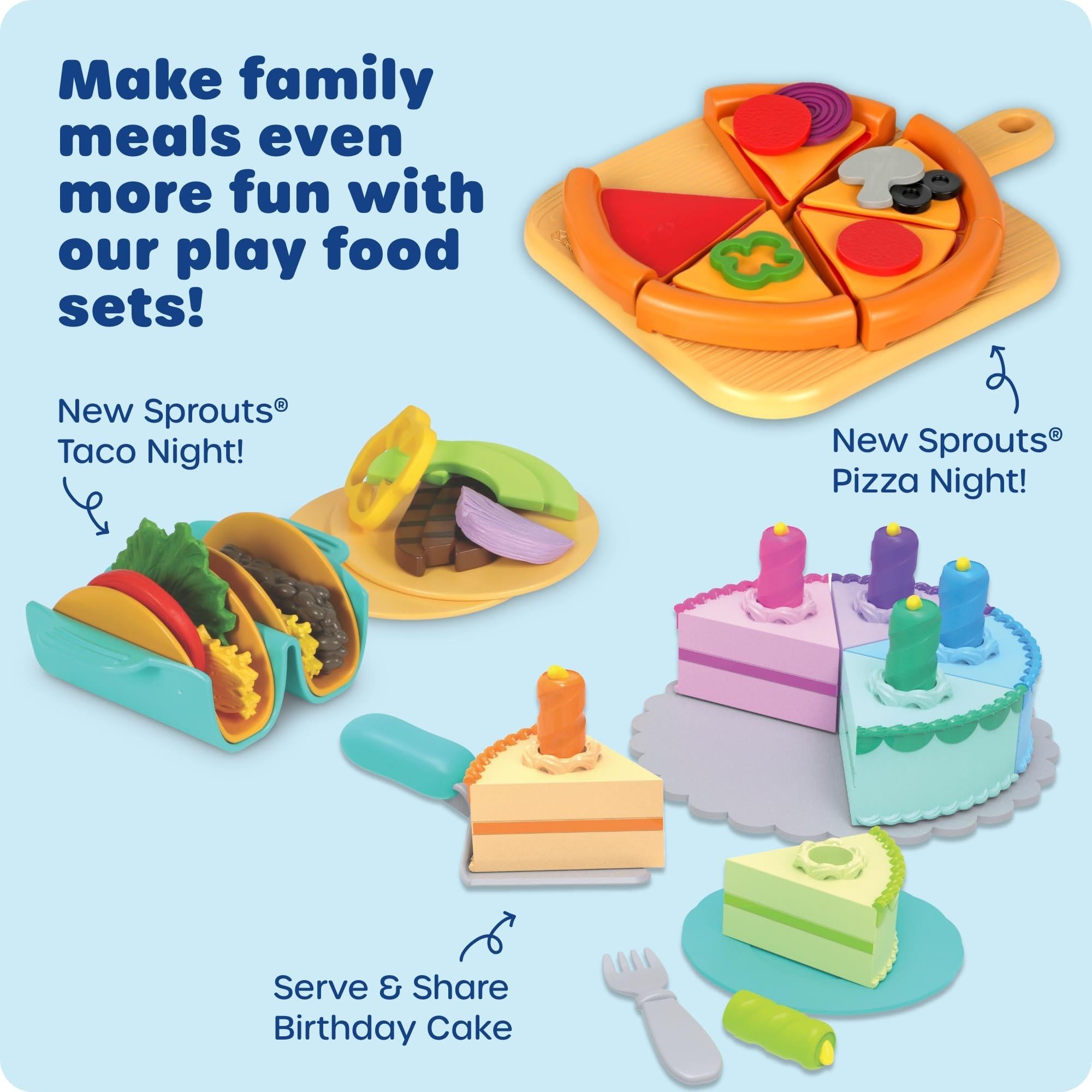 Play food set featuring New Sprouts Pizza Night with pizza, tacos, and birthday cake toys for imaginative play.