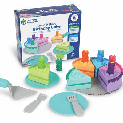 Colorful play cake set with slices, candles, and utensils for imaginative birthday celebrations. Ages 2+, 18 pieces included.