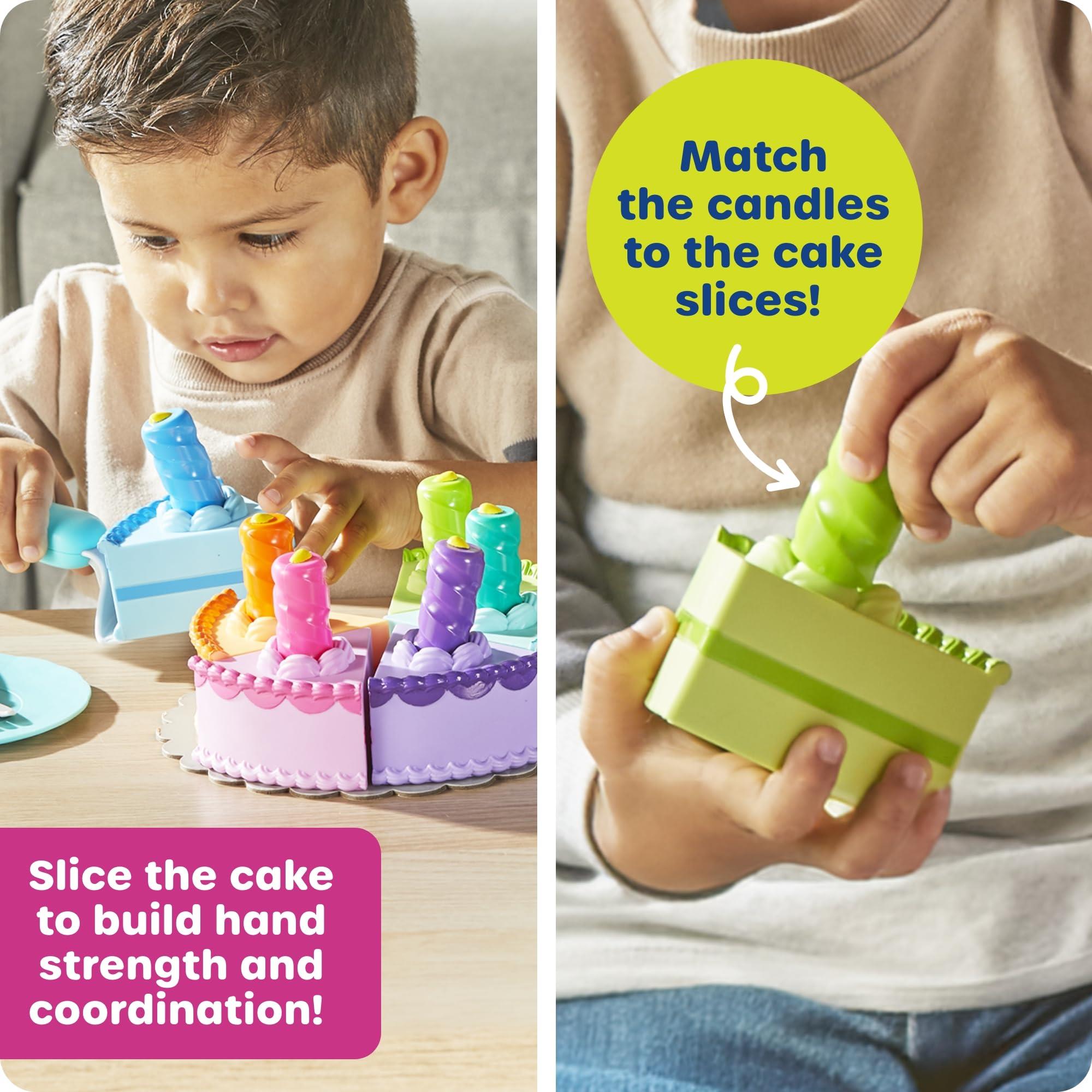 A child slices a toy birthday cake while matching colorful candles, promoting hand strength and coordination skills.