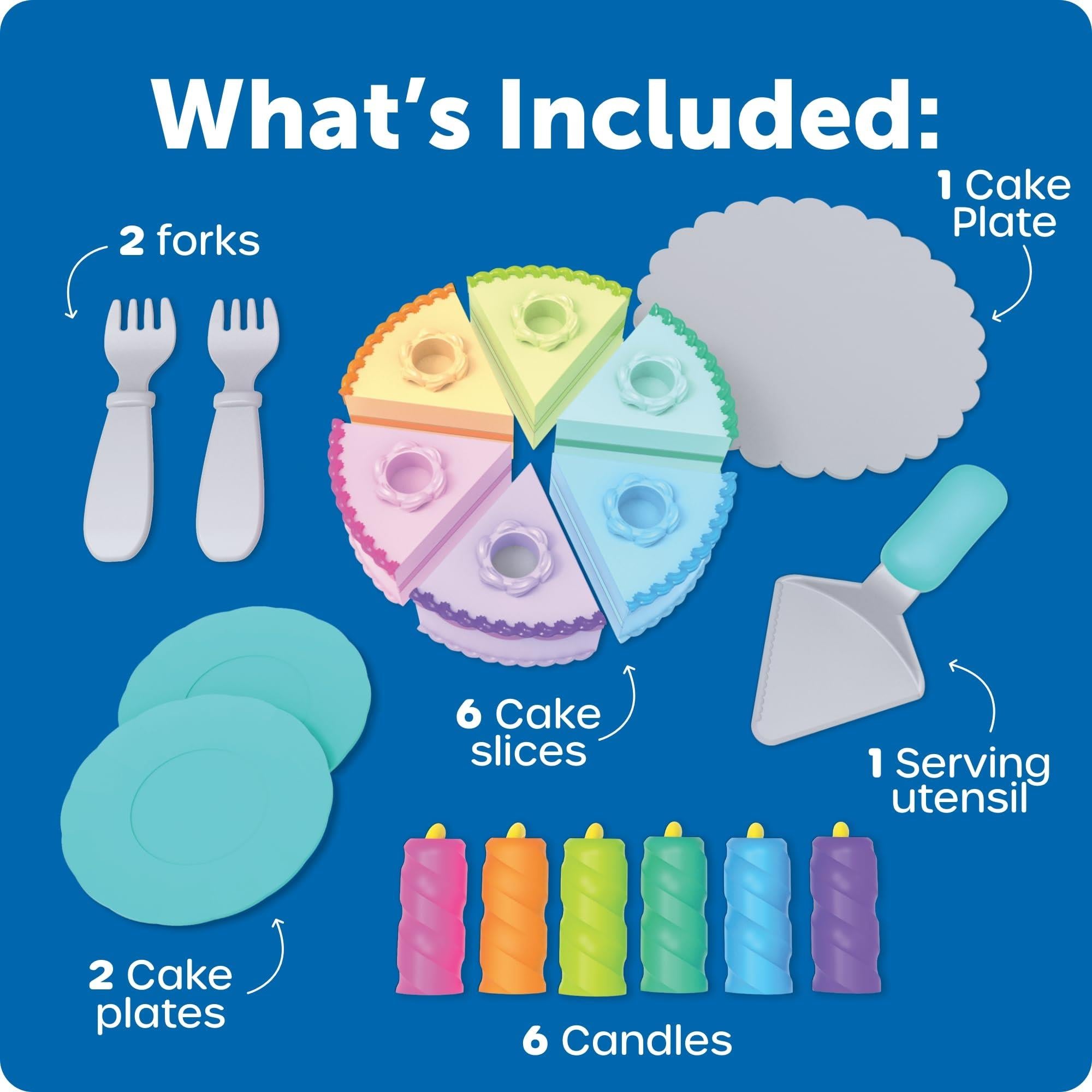 New Sprouts Serve & Share Birthday Cake set includes 6 cake slices, 2 forks, 2 cake plates, 1 serving utensil, and 6 colorful candles.