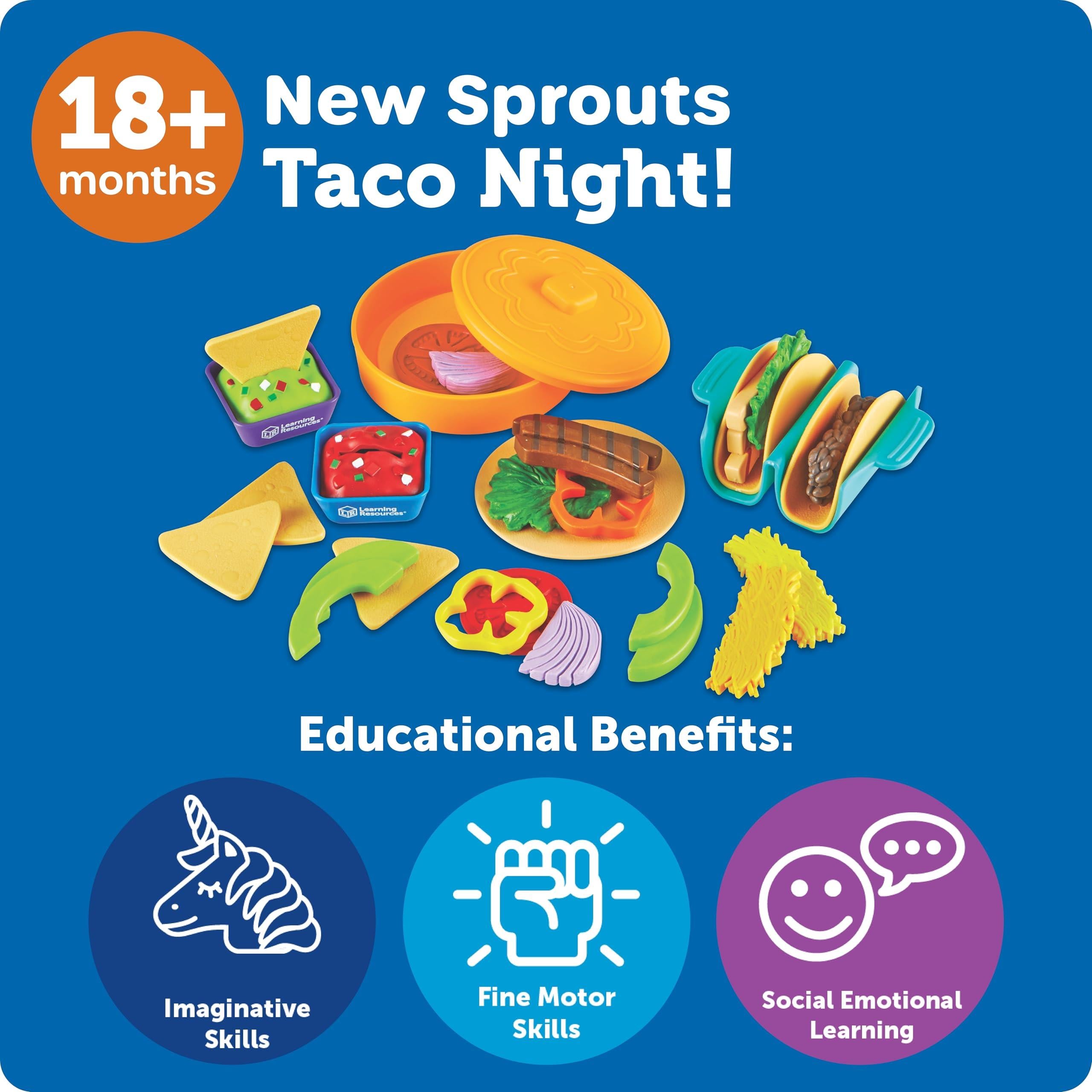 Toy taco set featuring colorful plastic food items for imaginative play, with educational benefits listed.