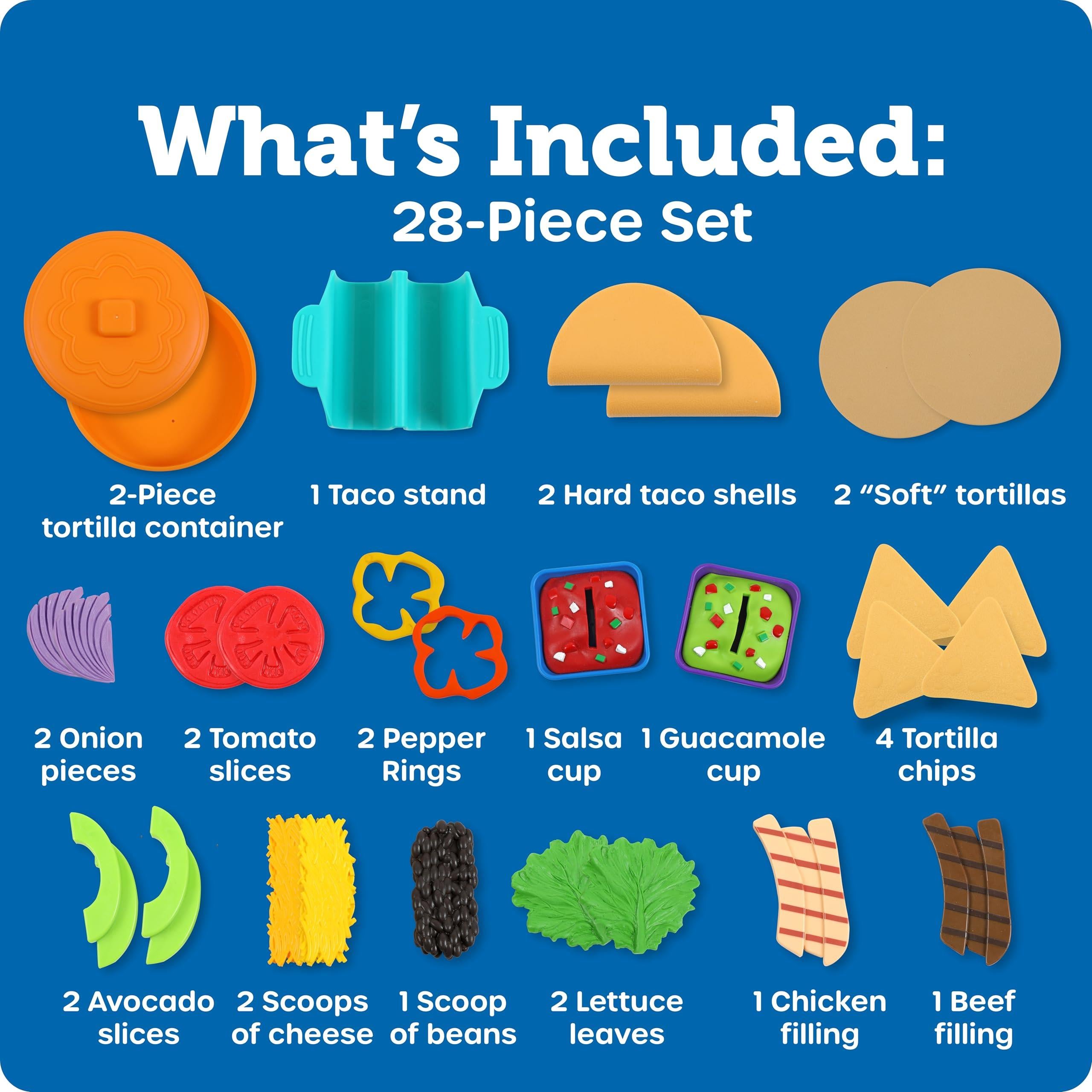28-piece taco playset includes tortilla container, taco stand, hard and soft shells, vegetables, and toppings.