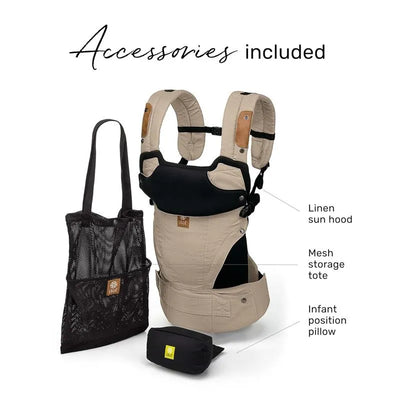 Líllébaby Elevate 6-In-1 Linen Blend Baby Carrier in Warm Sand, with included linen sun hood, mesh storage tote, and infant position pillow.