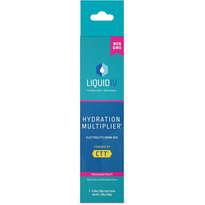 Liquid IV Hydration Multiplier in Passion Fruit flavor, containing 3 stick packs, designed for electrolyte hydration.