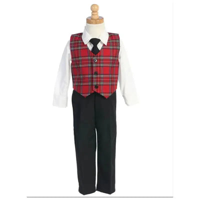 Plaid vest in red and black with white shirt and black pants for baby boys, suitable for Christmas occasions.