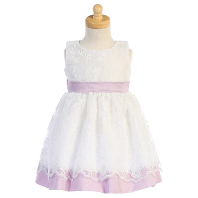 Lito Baby Girl Dress Embroidered Mesh With Poly Silk Trims, Lilac Image 1