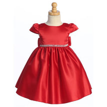 Lito - Baby Girl Satin dress with Beads & Rhinestone Trim, Christmas Red, 12-18M Image 1